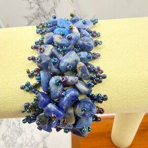 Sodalite Chip Wrap Bracelet Blue Boho Statement 7" Wide Cuff